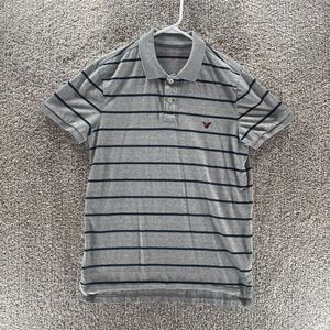 American Eagle Polo Shirt Mens Medium Gray Striped Cotton Preppy Casual Logo